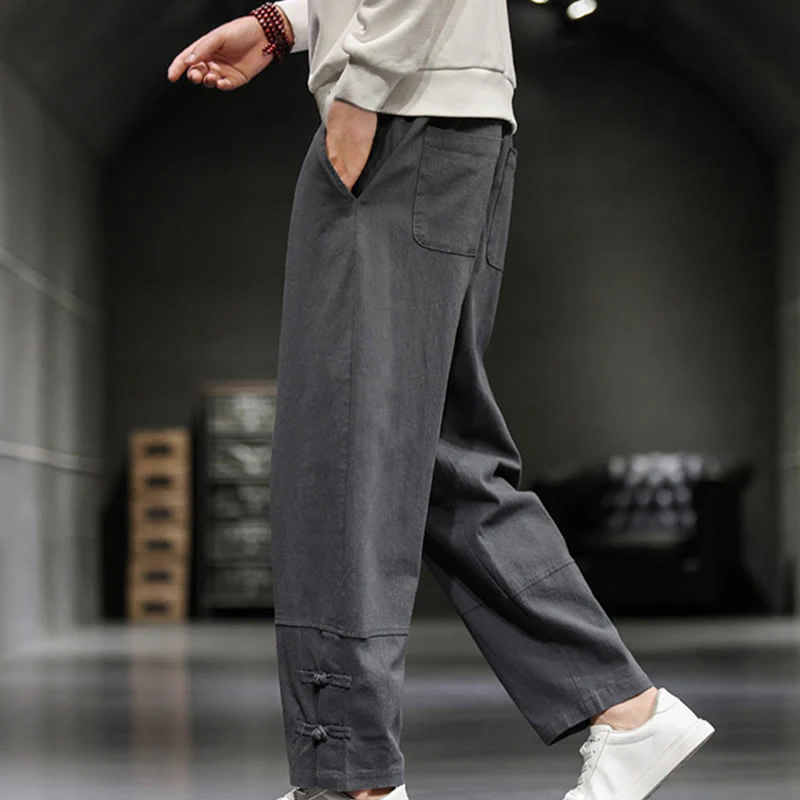 Buddha Stones Pantaloni da uomo in cotone con coulisse elastica in vita, bottoni a rana, lunghezza alla caviglia e tasche - Image 15