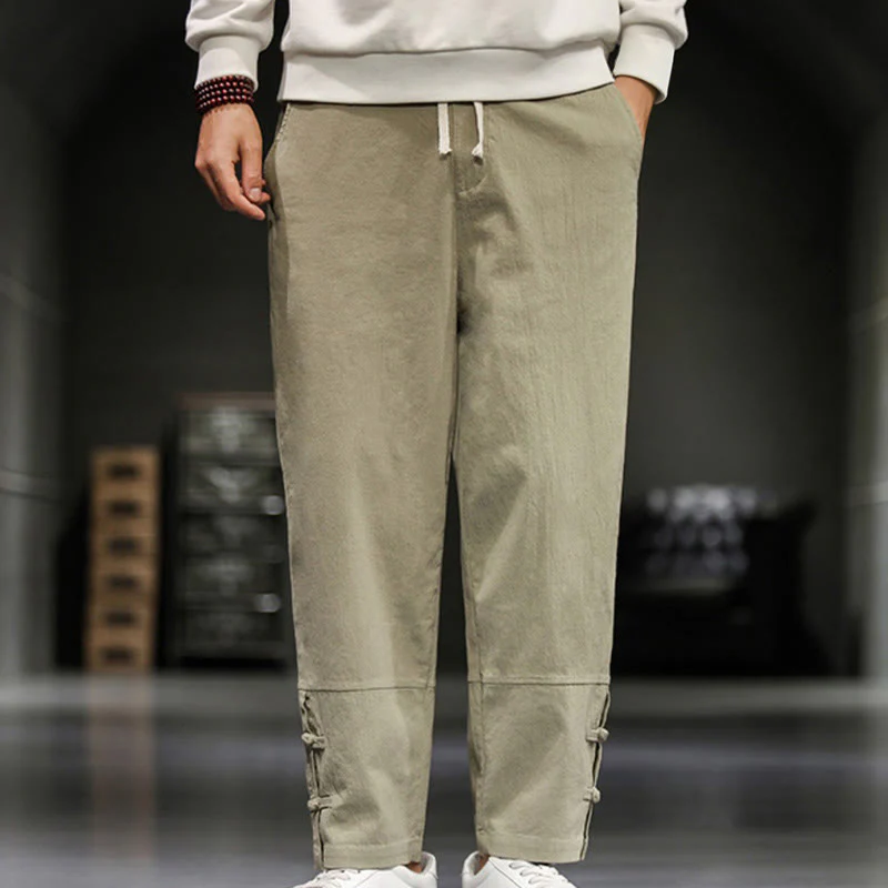 Buddha Stones Pantaloni da uomo in cotone con coulisse elastica in vita, bottoni a rana, lunghezza alla caviglia e tasche - Image 2