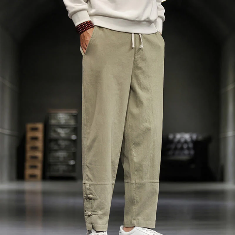 Buddha Stones Pantaloni da uomo in cotone con coulisse elastica in vita, bottoni a rana, lunghezza alla caviglia e tasche - Image 4