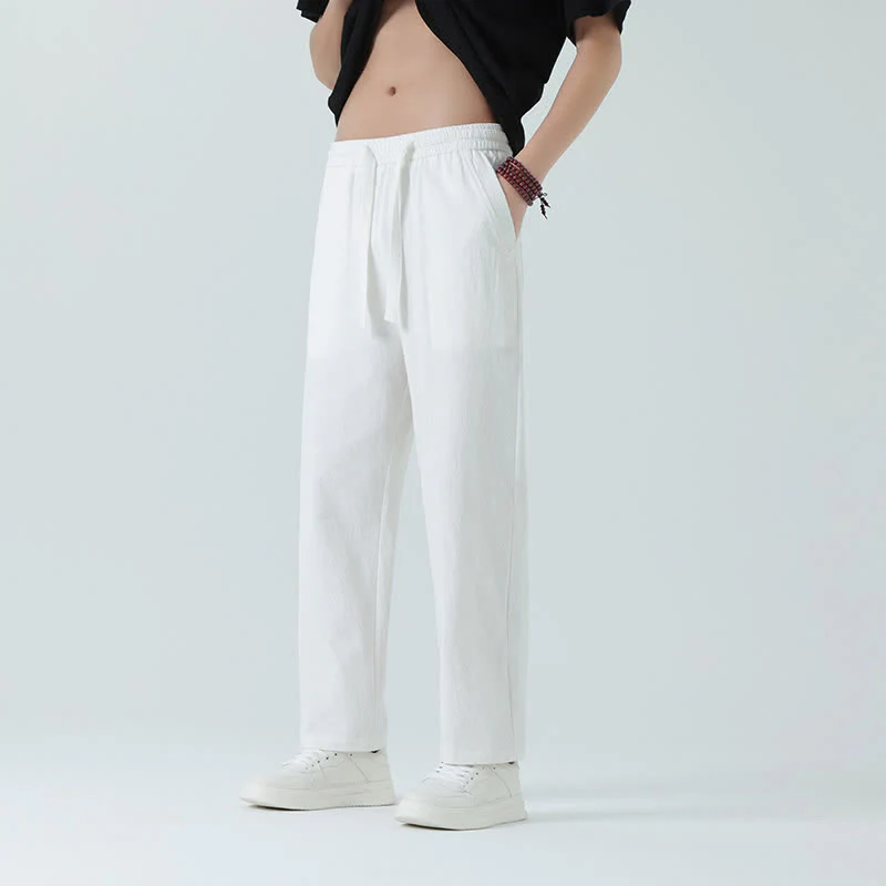 Buddha Stones Pantaloni dritti da uomo estivi in cotone, minimalisti, con elastico in vita e tasche. - Image 15