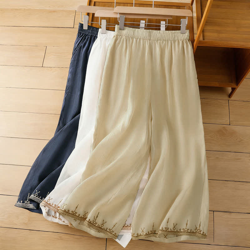Buddha Stones Pantaloni estivi da donna a gamba larga in stile boho con ricami e tasche. - Image 26
