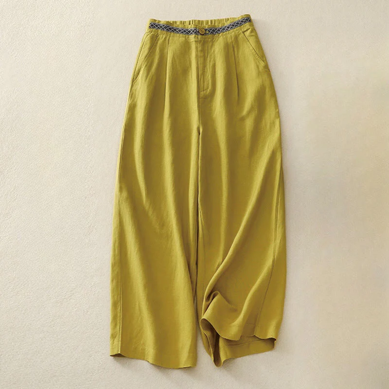 Buddha Stones Pantaloni estivi da donna in cotone e lino, a gamba larga, con tasche e cerniera, tinta unita, lunghezza 7-8