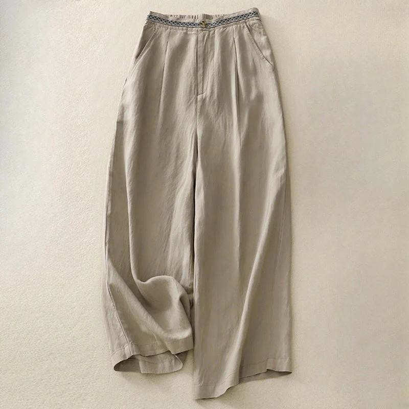 Buddha Stones Pantaloni estivi da donna in cotone e lino, a gamba larga, con tasche e cerniera, tinta unita, lunghezza 7-8 - Image 12