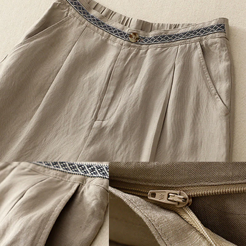 Buddha Stones Pantaloni estivi da donna in cotone e lino, a gamba larga, con tasche e cerniera, tinta unita, lunghezza 7-8 - Image 15