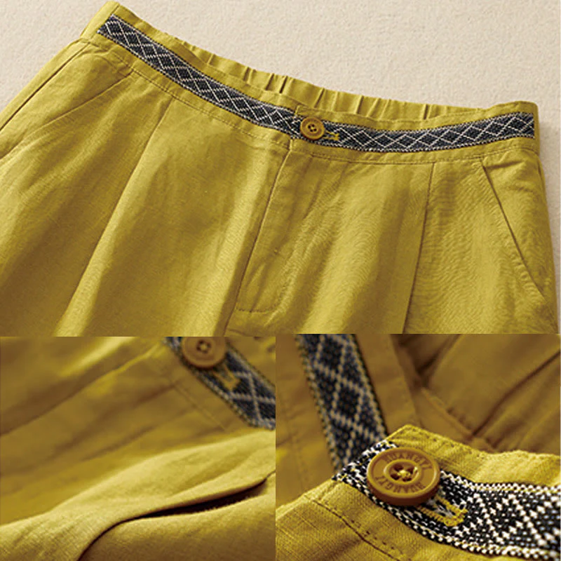 Buddha Stones Pantaloni estivi da donna in cotone e lino, a gamba larga, con tasche e cerniera, tinta unita, lunghezza 7-8 - Image 4