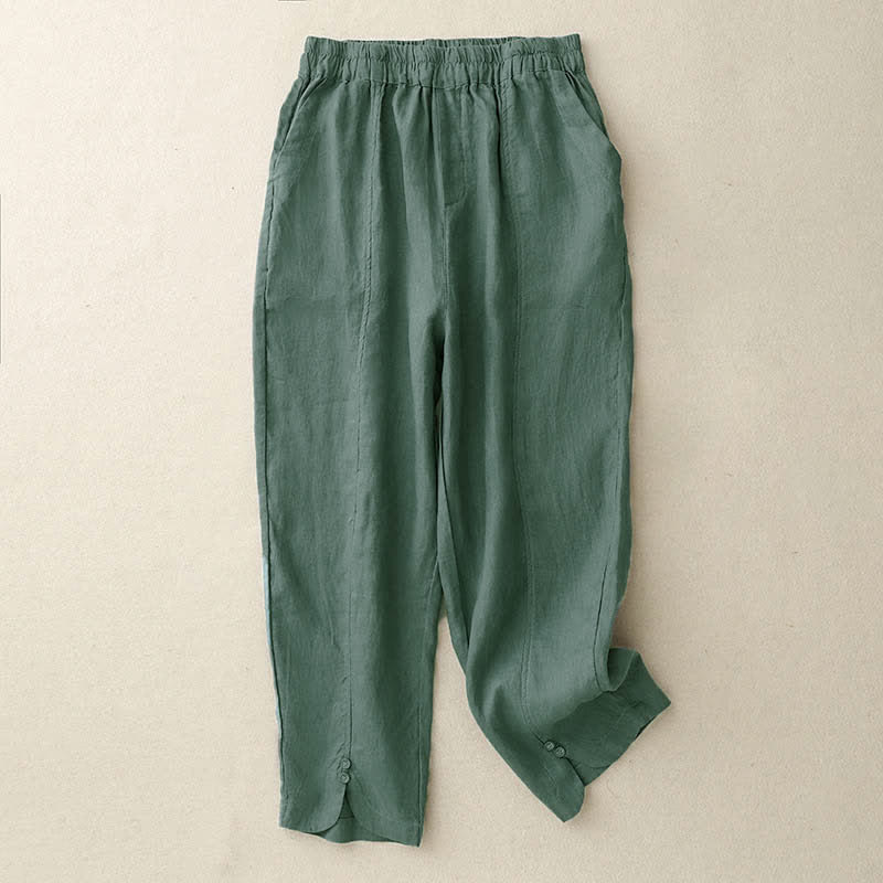 Buddha Stones Pantaloni estivi da donna in lino, affusolati e con tasche