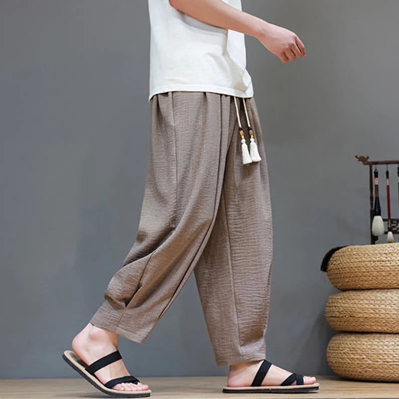 Buddha Stones Pantaloni estivi minimalisti da uomo a tinta unita con elastico in vita e gamba affusolata, con tasche. - Image 32