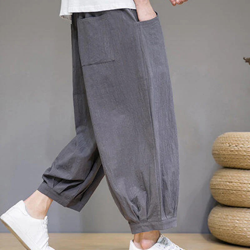 Buddha Stones Pantaloni harem casual da uomo in cotone, lunghezza 7-8, con tasche - Image 7