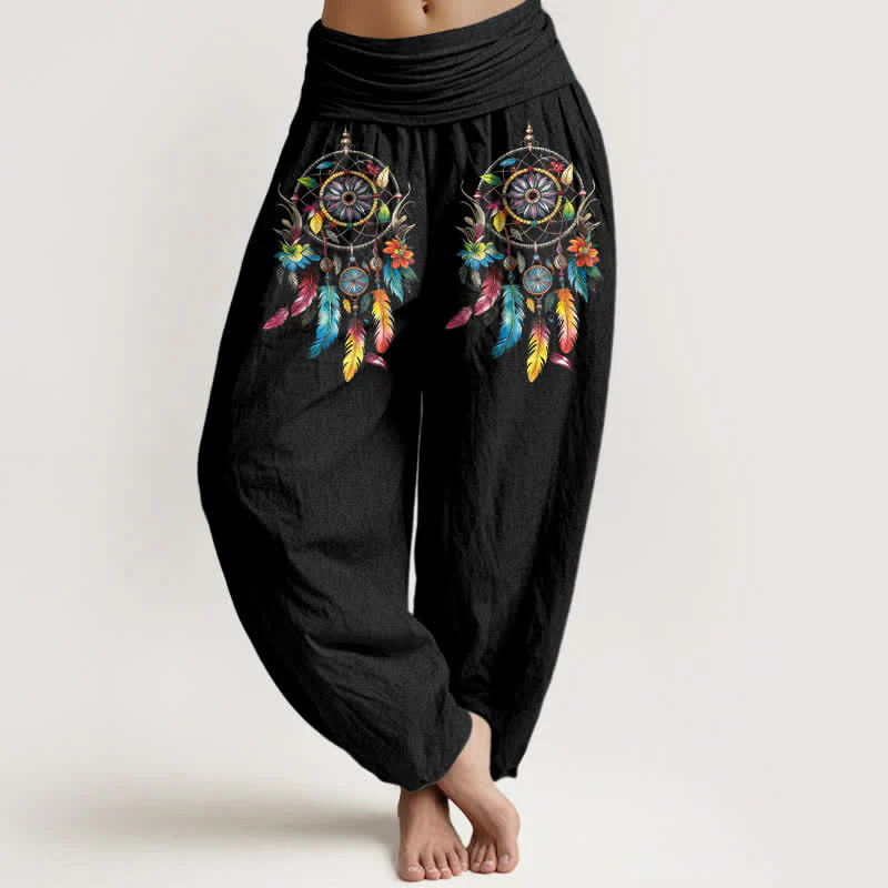 Buddha Stones Pantaloni harem da donna a vita alta in cotone con motivo a doppio acchiappasogni colorato.