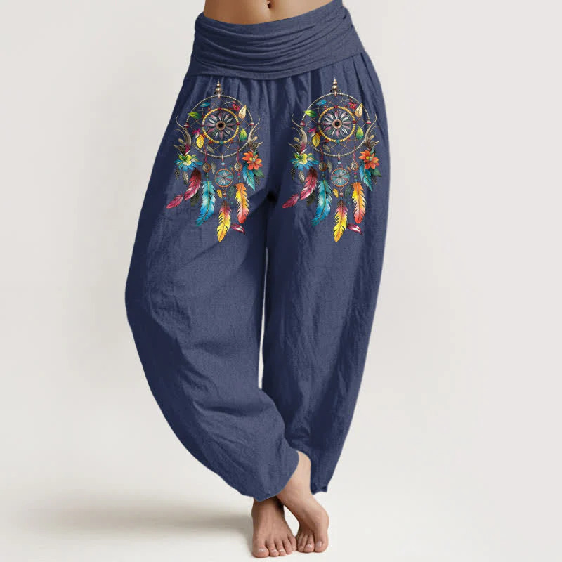 Buddha Stones Pantaloni harem da donna a vita alta in cotone con motivo a doppio acchiappasogni colorato. - Image 6