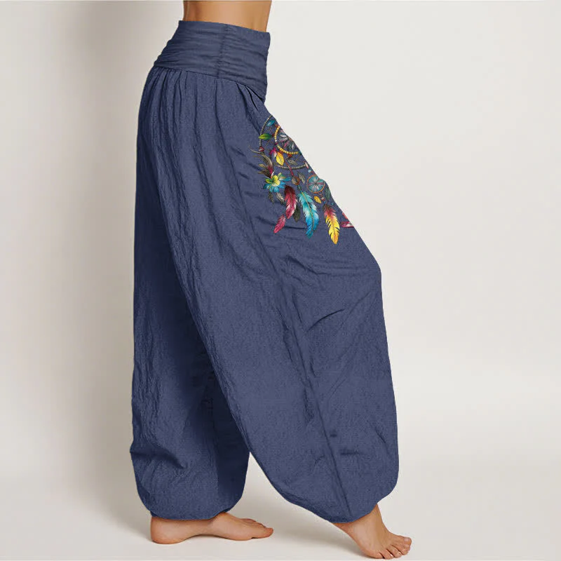 Buddha Stones Pantaloni harem da donna a vita alta in cotone con motivo a doppio acchiappasogni colorato. - Image 8