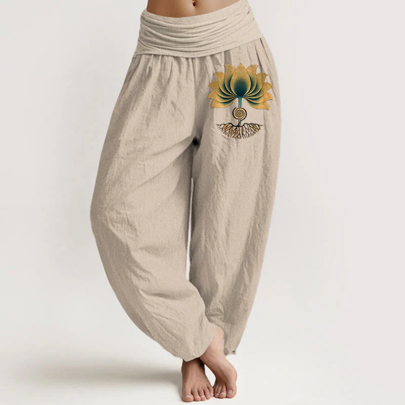 Buddha Stones Pantaloni harem da donna con elastico in vita e motivo a loto, in puro cotone, con colori armoniosi - Image 12