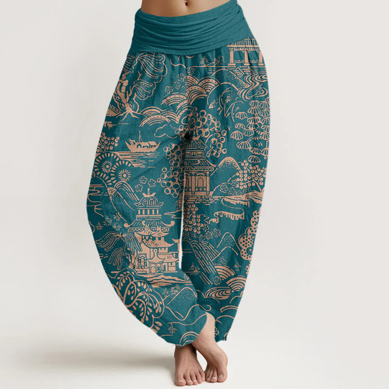 Buddha Stones Pantaloni harem da donna con elastico in vita e motivo a nuvole e alberi in cotone squisito