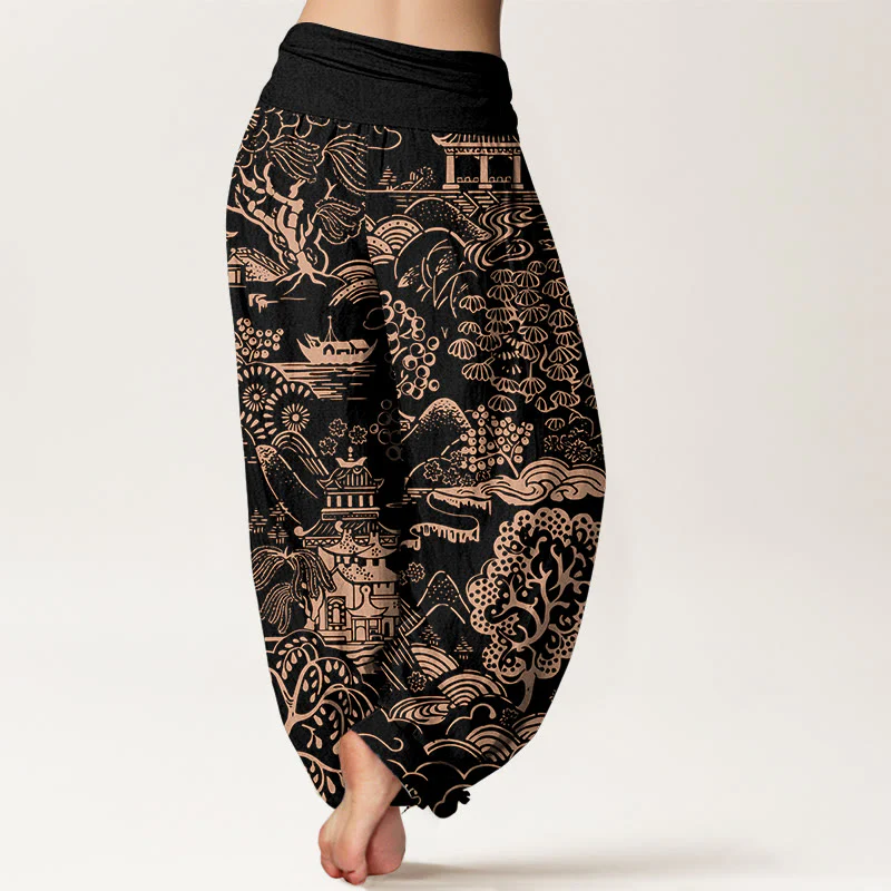 Buddha Stones Pantaloni harem da donna con elastico in vita e motivo a nuvole e alberi in cotone squisito - Image 10