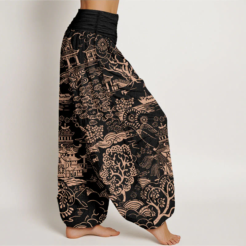 Buddha Stones Pantaloni harem da donna con elastico in vita e motivo a nuvole e alberi in cotone squisito - Image 11