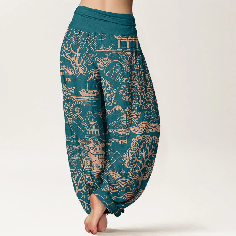 Buddha Stones Pantaloni harem da donna con elastico in vita e motivo a nuvole e alberi in cotone squisito - Image 2