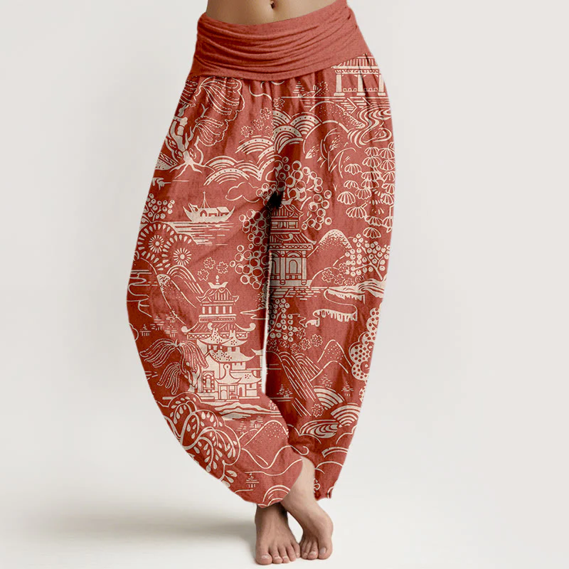 Buddha Stones Pantaloni harem da donna con elastico in vita e motivo a nuvole e alberi in cotone squisito - Image 6