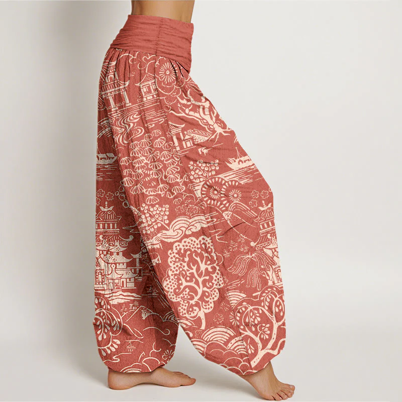 Buddha Stones Pantaloni harem da donna con elastico in vita e motivo a nuvole e alberi in cotone squisito - Image 8