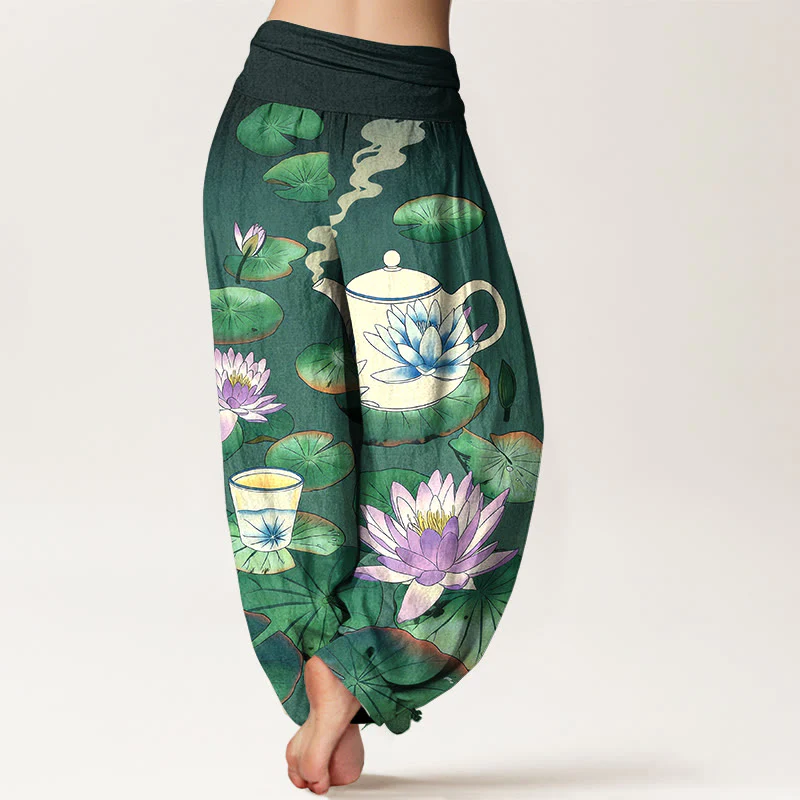 Buddha Stones Pantaloni harem da donna con elastico in vita e motivo a teiera e foglia di loto in puro cotone - Image 2