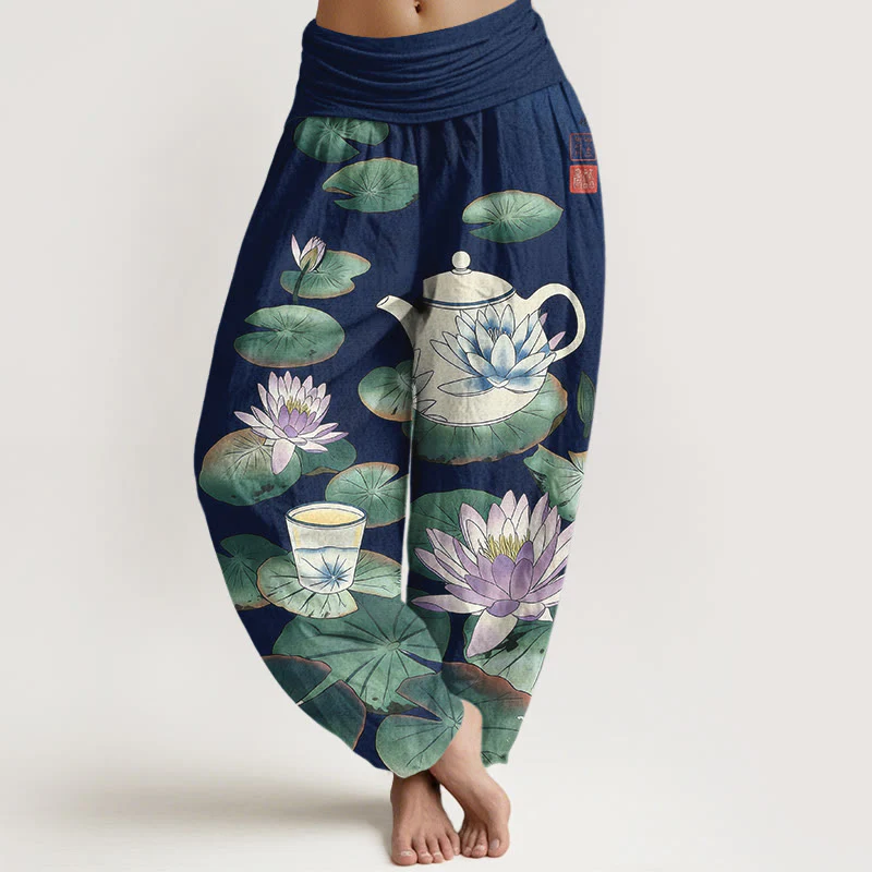 Buddha Stones Pantaloni harem da donna con elastico in vita e motivo a teiera e foglia di loto in puro cotone - Image 6