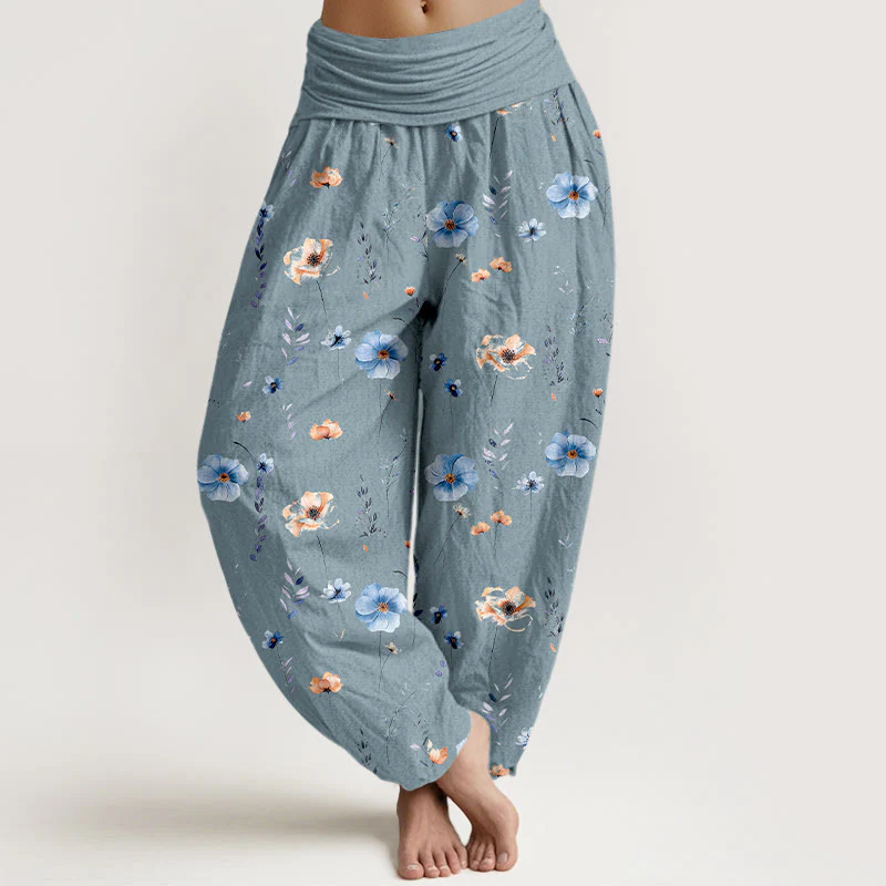 Buddha Stones Pantaloni harem da donna con elastico in vita e motivo floreale raffinato in cotone fresco - Image 9