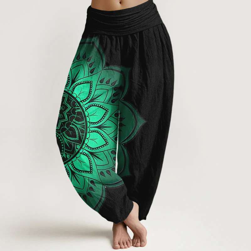 Buddha Stones Pantaloni harem da donna con elastico in vita e motivo mandala simmetrico in cotone