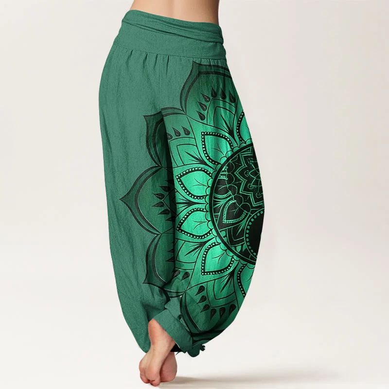Buddha Stones Pantaloni harem da donna con elastico in vita e motivo mandala simmetrico in cotone - Image 10