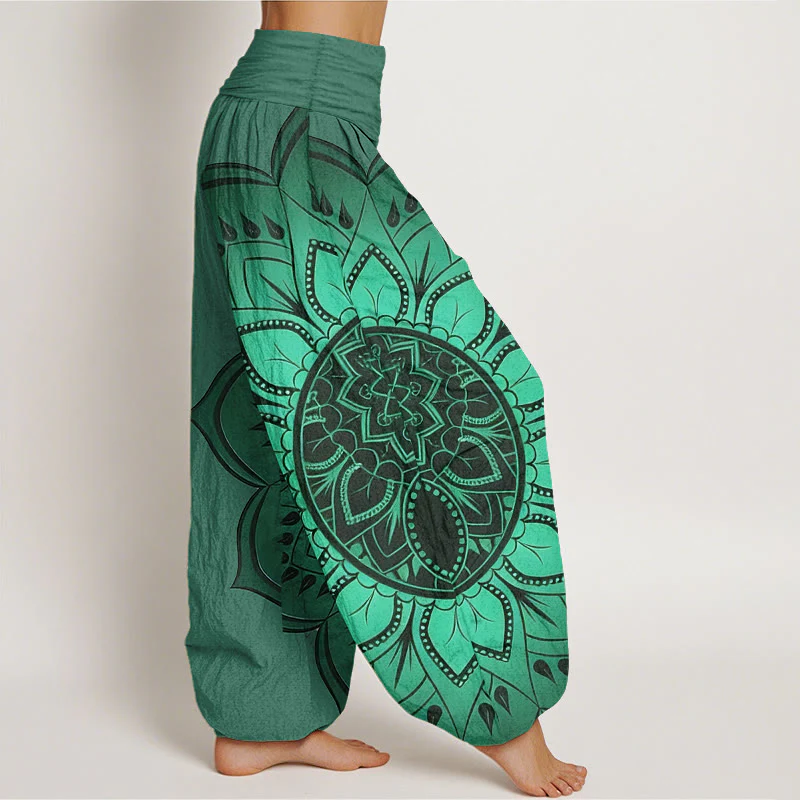 Buddha Stones Pantaloni harem da donna con elastico in vita e motivo mandala simmetrico in cotone - Image 11