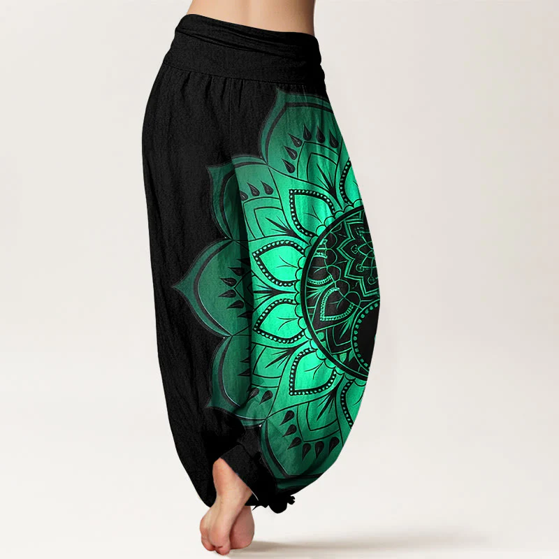 Buddha Stones Pantaloni harem da donna con elastico in vita e motivo mandala simmetrico in cotone - Image 2