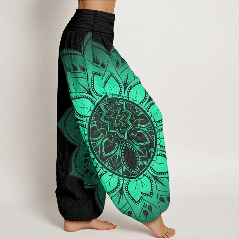 Buddha Stones Pantaloni harem da donna con elastico in vita e motivo mandala simmetrico in cotone - Image 3