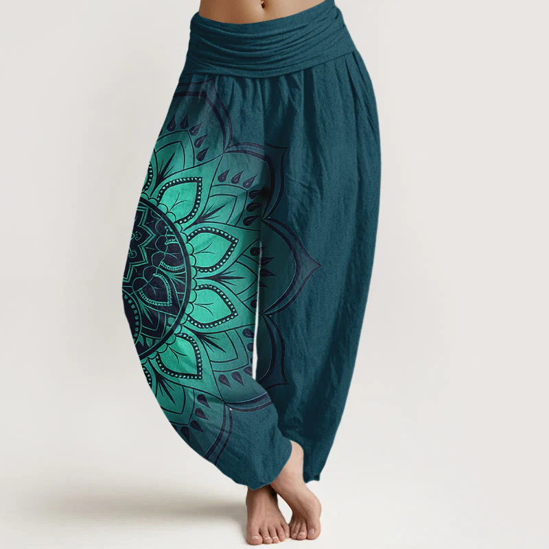 Buddha Stones Pantaloni harem da donna con elastico in vita e motivo mandala simmetrico in cotone - Image 6