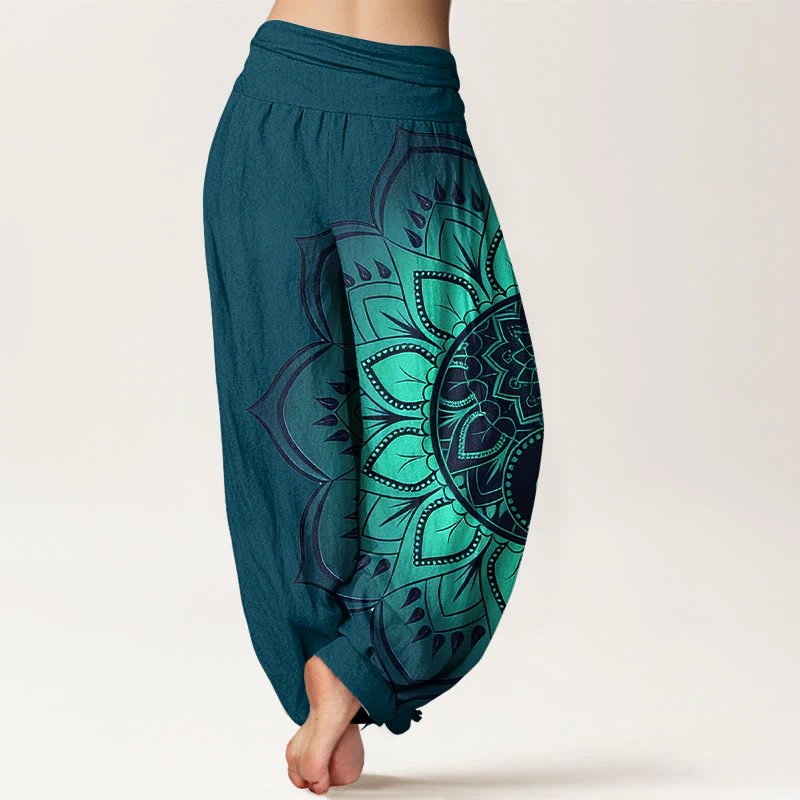 Buddha Stones Pantaloni harem da donna con elastico in vita e motivo mandala simmetrico in cotone - Image 7