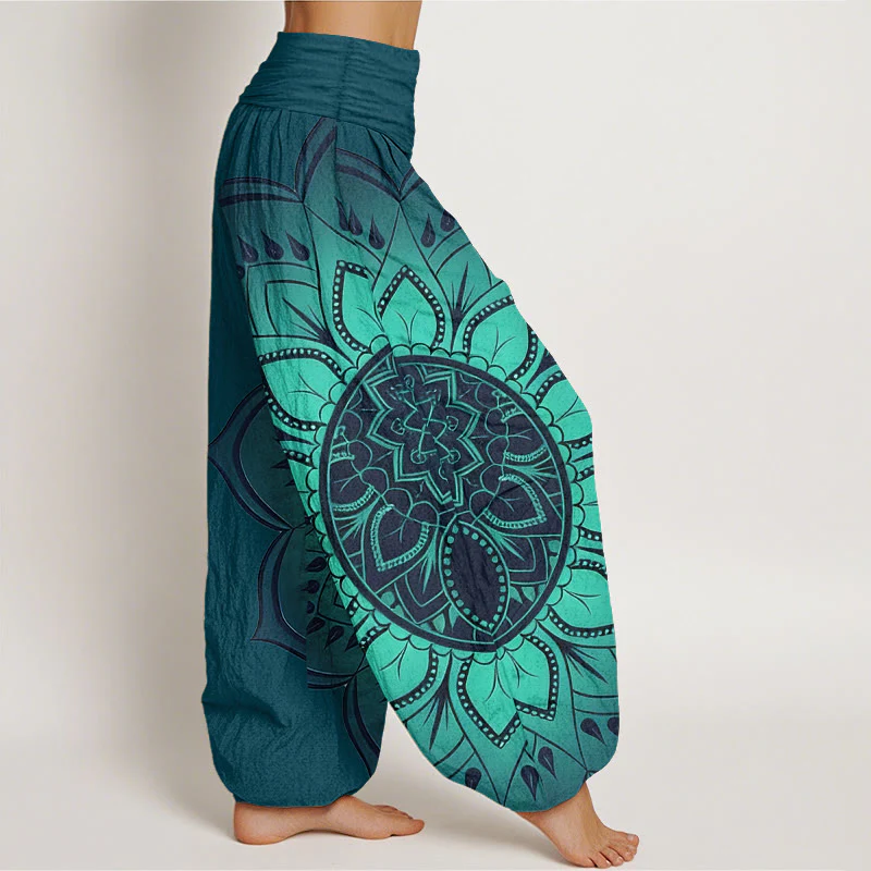 Buddha Stones Pantaloni harem da donna con elastico in vita e motivo mandala simmetrico in cotone - Image 8
