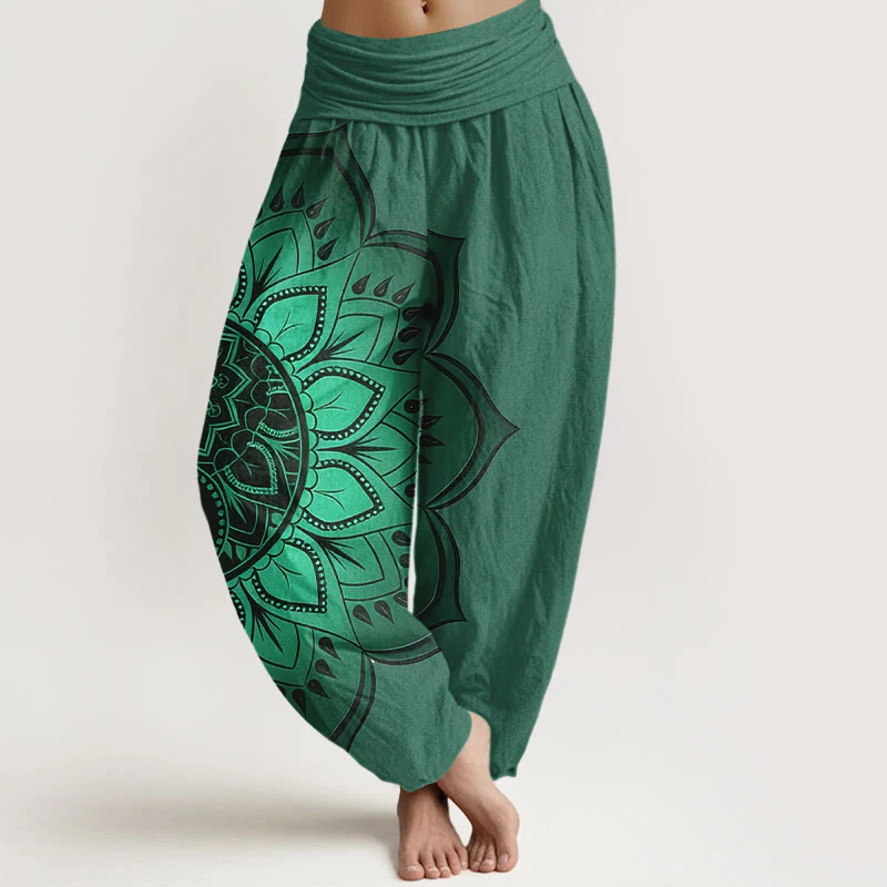Buddha Stones Pantaloni harem da donna con elastico in vita e motivo mandala simmetrico in cotone - Image 9