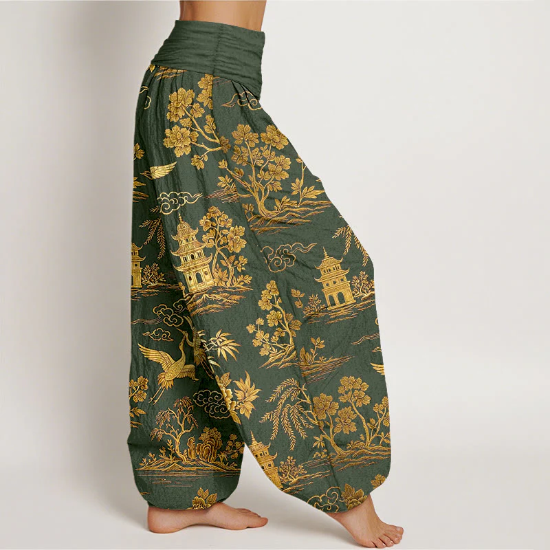 Buddha Stones Pantaloni harem da donna con elastico in vita, in cotone, con motivo a gru, nuvola, peonia e albero - Image 8