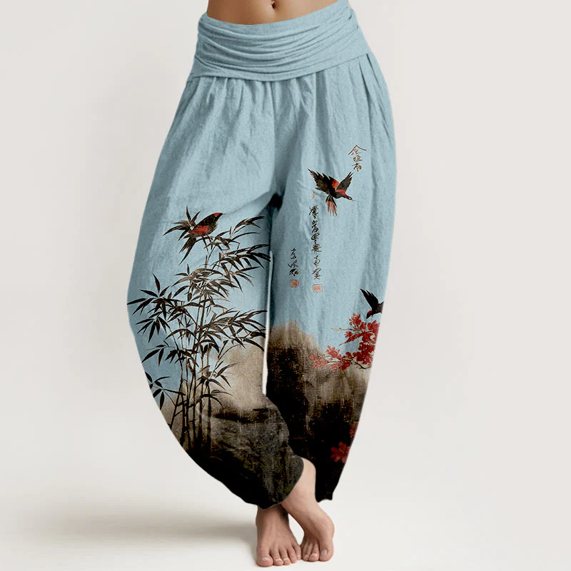 Buddha Stones Pantaloni harem da donna con elastico in vita, in cotone, con motivo floreale e uccelli di bambù - Image 9