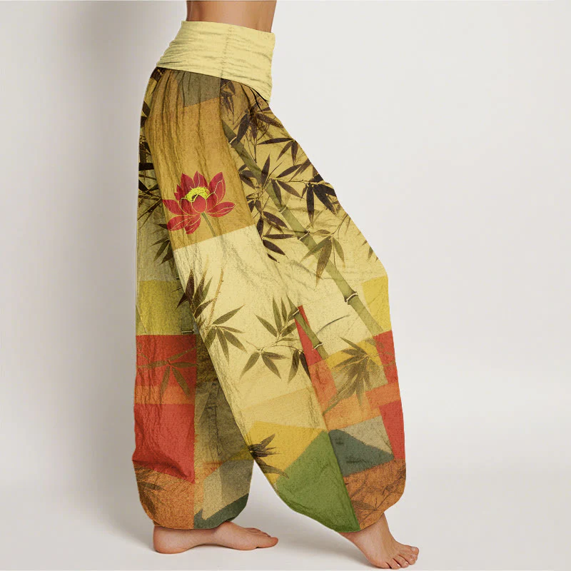 Buddha Stones Pantaloni harem da donna con elastico in vita, in cotone, con motivo geometrico di loto e bambù colorato - Image 11