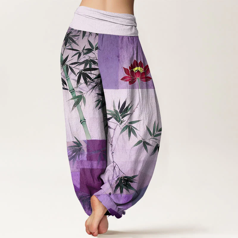 Buddha Stones Pantaloni harem da donna con elastico in vita, in cotone, con motivo geometrico di loto e bambù colorato - Image 7