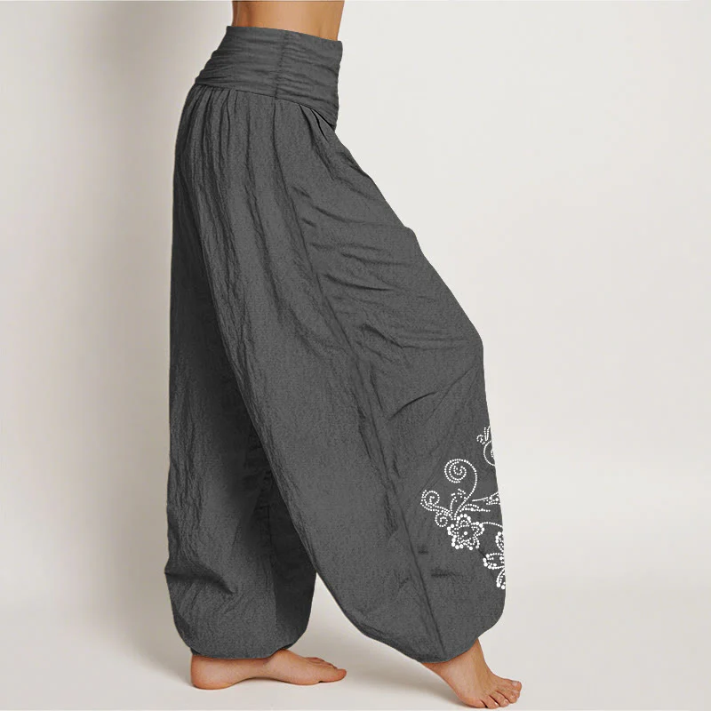 Buddha Stones Pantaloni harem da donna con elastico in vita, in puro cotone, con motivo a pois e fiori di vite - Image 11
