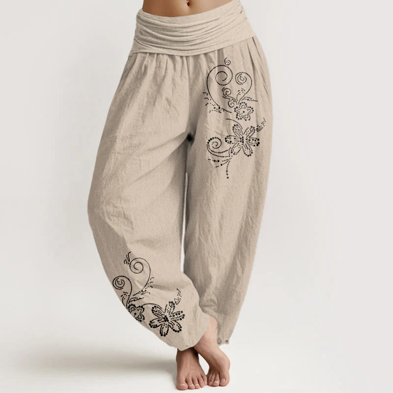 Buddha Stones Pantaloni harem da donna con elastico in vita, in puro cotone, con motivo a pois e fiori di vite - Image 12