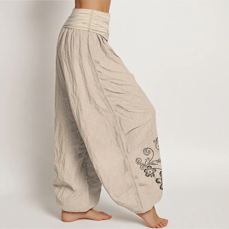 Buddha Stones Pantaloni harem da donna con elastico in vita, in puro cotone, con motivo a pois e fiori di vite - Image 14