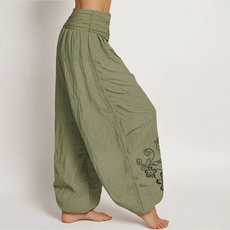 Buddha Stones Pantaloni harem da donna con elastico in vita, in puro cotone, con motivo a pois e fiori di vite - Image 17