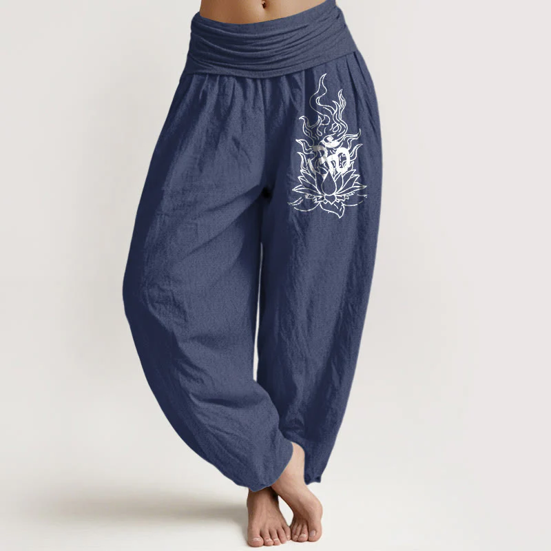 Buddha Stones Pantaloni harem da donna con elastico in vita, modello minimalista con simbolo Om e fiamma di loto, in puro cotone