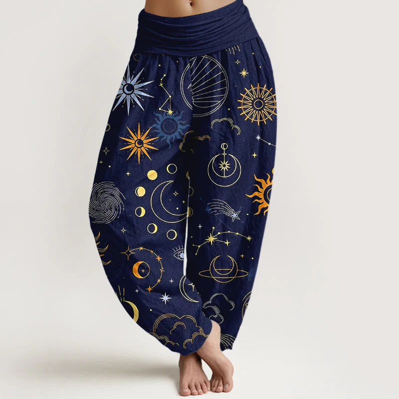 Buddha Stones Pantaloni harem da donna con elastico in vita, motivo luna sole nuvola stella costellazione in cotone