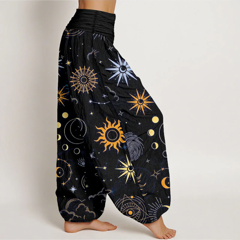 Buddha Stones Pantaloni harem da donna con elastico in vita, motivo luna sole nuvola stella costellazione in cotone - Image 11