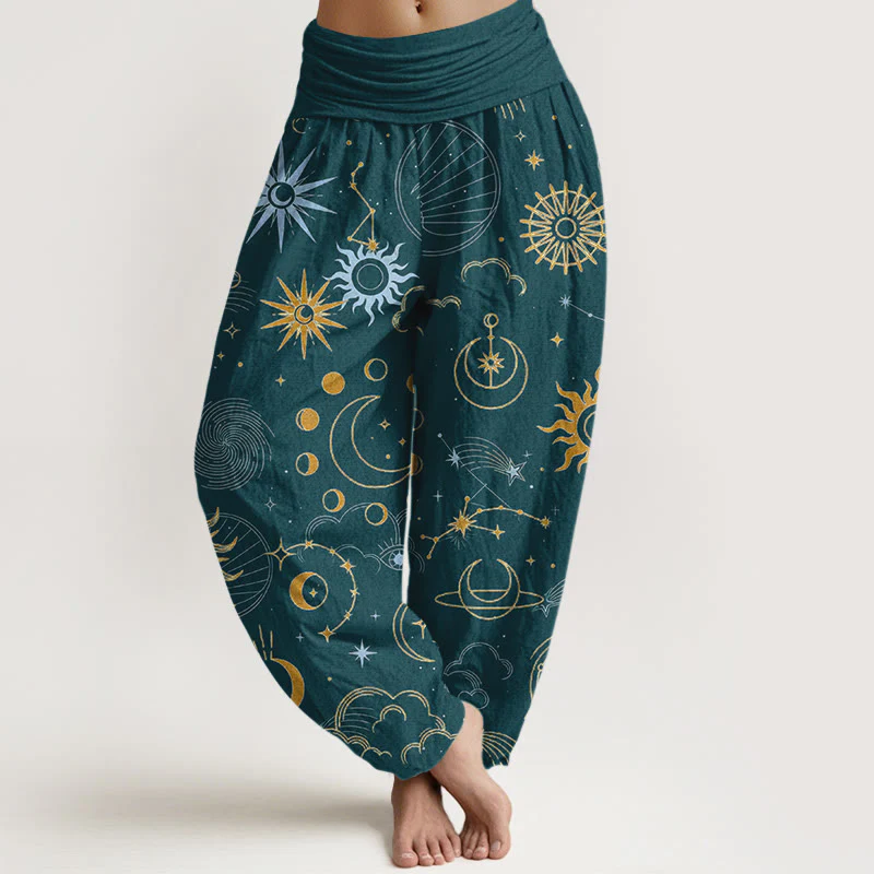 Buddha Stones Pantaloni harem da donna con elastico in vita, motivo luna sole nuvola stella costellazione in cotone - Image 6