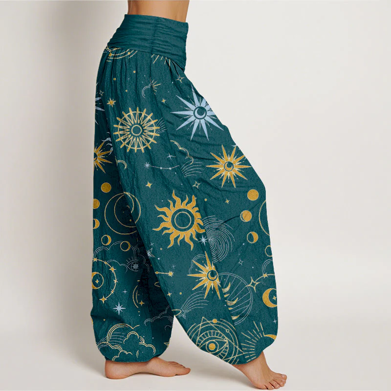 Buddha Stones Pantaloni harem da donna con elastico in vita, motivo luna sole nuvola stella costellazione in cotone - Image 8