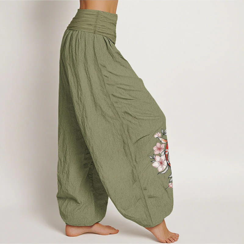 Buddha Stones Pantaloni harem da donna in cotone con elastico in vita e fantasia di carpe koi e fiori di pesco rosa. - Image 17