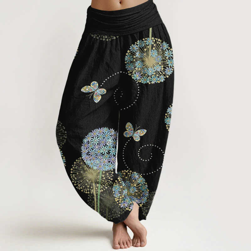 Buddha Stones Pantaloni harem da donna in cotone con elastico in vita e motivo a farfalla e tarassaco da sogno