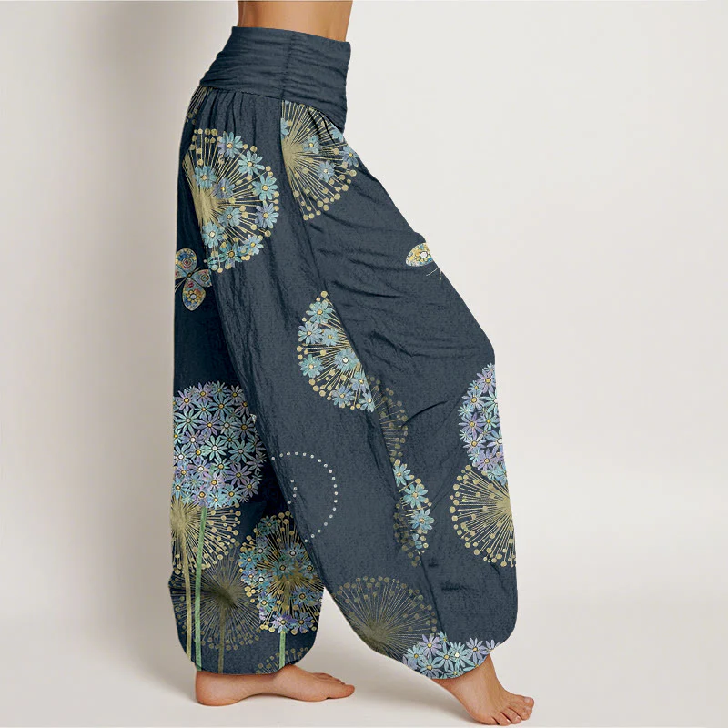 Buddha Stones Pantaloni harem da donna in cotone con elastico in vita e motivo a farfalla e tarassaco da sogno - Image 11